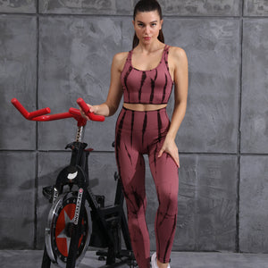 Quick-drying High-waist Slub Stripe Tie-dye Stretch Gym Suit