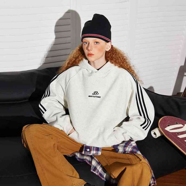 Retro Sports Raglan Striped Hooded Sweater For Women